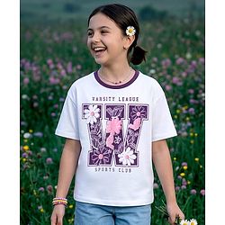 Pine Kids Cotton Knit Half Sleeves T-Shirt With Floral Print - White
