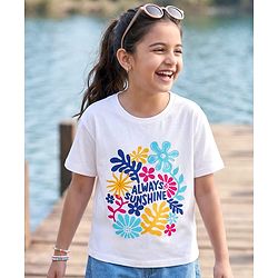 Pine Kids Cotton Knit Drop Shoulder T-Shirt with Tropical Theme Graphic - White