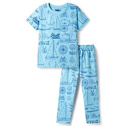 Pine Kids Cotton Knit Half Sleeves Co-Ord T-Shirt & Pyjama Night-Suit With Ship Print - Blue