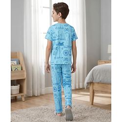 Pine Kids Cotton Knit Half Sleeves Co-Ord T-Shirt & Pyjama Night-Suit With Ship Print - Blue