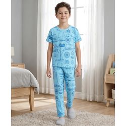 Pine Kids Cotton Knit Half Sleeves Co-Ord T-Shirt & Pyjama Night-Suit With Ship Print - Blue