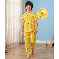 Pine Kids Cotton Knit Half Sleeves T-Shirt & Pyjama Co-ord Night Suit With Dino Print - Yellow