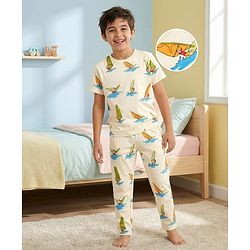 Pine Kids Cotton Knit Half Sleeves T-Shirt & Pyjama Co-ord Night Suit With Surfing Print - Light Green