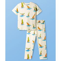 Pine Kids Cotton Knit Half Sleeves T-Shirt & Pyjama Co-ord Night Suit With Surfing Print - Light Green