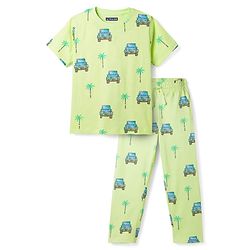 Pine Kids Cotton Knit Half Sleeves T-Shirt & Pajama Co-ords  Night Suit With Vehicle Print - Light Green