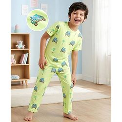 Pine Kids Cotton Knit Half Sleeves T-Shirt & Pajama Co-ords  Night Suit With Vehicle Print - Light Green