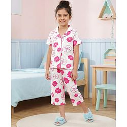 Pine Kids Cotton Knit Half Sleeves Shirt & Capri Co-ord Night Suit With Floral Print - White