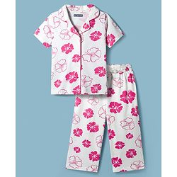 Pine Kids Cotton Knit Half Sleeves Shirt & Capri Co-ord Night Suit With Floral Print - White