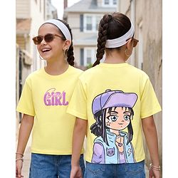 Pine Kids Cotton Knit Half Sleeves T-Shirt With Front & Back Girl Print - Yellow