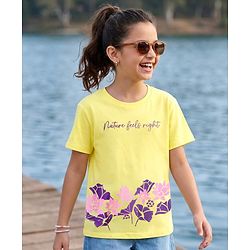 Pine Kids Cotton Knit Half Sleeves T-Shirt with Floral Print - Yellow
