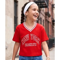 Pine Kids Cotton Knit Half Sleeves T-Shirt With New York Print - Red