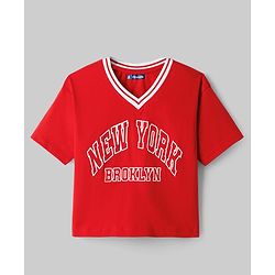 Pine Kids Cotton Knit Half Sleeves T-Shirt With New York Print - Red