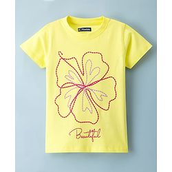 Pine Kids Cotton Knit Half Sleeves T-Shirt with Floral Print - Yellow