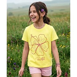 Pine Kids Cotton Knit Half Sleeves T-Shirt with Floral Print - Yellow