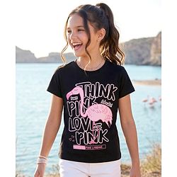 Pine Kids 100% Cotton Knit Half Sleeves Birds & Text Printed T-Shirt - Black