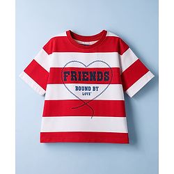 Pine Kids Cotton Knit T-Shirts Half Sleeves Round Neck Striped Graphic Regular White & Red 5-6 Years