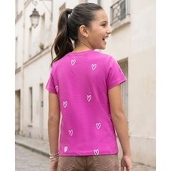 Pine Kids Cotton Knit Half Sleeves T-Shirt With Heart Print - Fuchsia