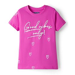 Pine Kids Cotton Knit Half Sleeves T-Shirt With Heart Print - Fuchsia