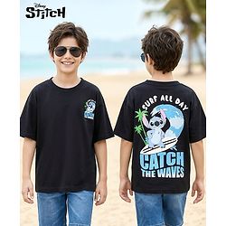 Pine Kids Disney 100% Cotton Knit Drop Shoulder Half Sleeves T-Shirt With Lilo & Stitch Front & Back Print - Black