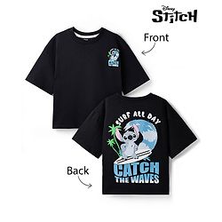 Pine Kids Disney 100% Cotton Knit Drop Shoulder Half Sleeves T-Shirt With Lilo & Stitch Front & Back Print - Black