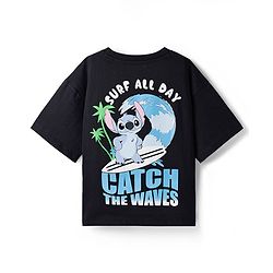 Pine Kids Disney 100% Cotton Knit Drop Shoulder Half Sleeves T-Shirt With Lilo & Stitch Front & Back Print - Black