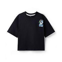 Pine Kids Disney 100% Cotton Knit Drop Shoulder Half Sleeves T-Shirt With Lilo & Stitch Front & Back Print - Black