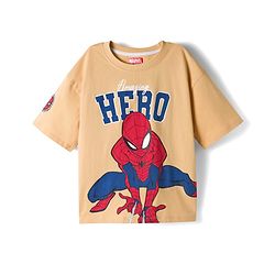 Pine Kids Marvel Single Jersey Knit Drop Shoulder Half Sleeves T-Shirts with Front & Back Spider-Man Graphics - Beige