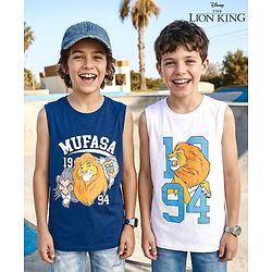 Pine Kids Disney Single Jersey Knit Sleeveless T-Shirts with Lion King Print Pack of 2- Blue & White