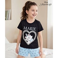 Pine Kids Disney Single Jersey Knit Half Sleeves T-Shirt & Shorts Night Suit With Marie Graphics - Blue