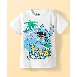 Pine Kids Disney Single Jersey Knit Half Sleeves T-Shirt & Pajama Night Suit with Stitch Graphics - White & Blue