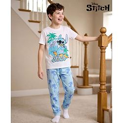 Pine Kids Disney Single Jersey Knit Half Sleeves T-Shirt & Pajama Night Suit with Stitch Graphics - White & Blue