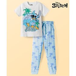 Pine Kids Disney Single Jersey Knit Half Sleeves T-Shirt & Pajama Night Suit with Stitch Graphics - White & Blue