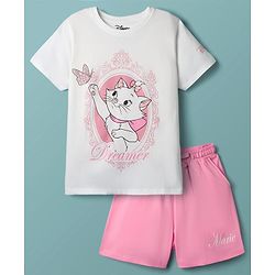 Pine Kids Disney Single Jersey Knit Half Sleeves Short Night Suit with Marie Graphic - Pink & White