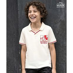 Pine Kids Disney Single Jersey Knit Half Sleeves Polo T-Shirt With Mickey Mouse Graphics - Off White