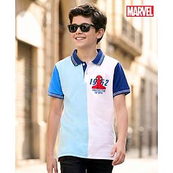 Pine Kids Marvel Single Jersey Knit Half Sleeves Cut & Sew Polo T-Shirt with Spider-Man Graphic - Light Blue