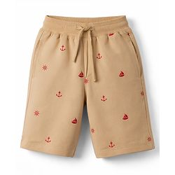Pine Kids Looper Above Knee Length Shorts with Anchor Print - Tan