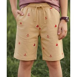 Pine Kids Looper Above Knee Length Shorts with Anchor Print - Tan