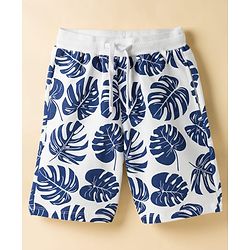 Pine Kids Looper Knit Above Knee Length Shorts with Leaf Print - White
