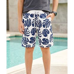Pine Kids Looper Knit Above Knee Length Shorts with Leaf Print - White