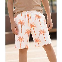 Pine Kids Looper Knit Above Knee Length Shorts with Coconut Tree Print - Off White