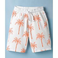 Pine Kids Looper Knit Above Knee Length Shorts with Coconut Tree Print - Off White