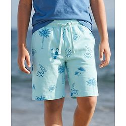 Pine Kids Looper Knit Above Knee Length Shorts with Beach Theme Print - Sea Green