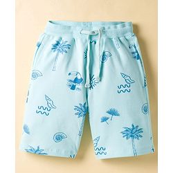 Pine Kids Looper Knit Above Knee Length Shorts with Beach Theme Print - Sea Green