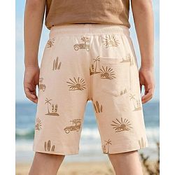 Pine Kids Looper Knit Above Knee Length Short with Beach Theme Print - Off White