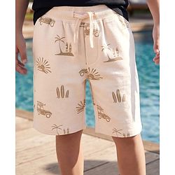Pine Kids Looper Knit Above Knee Length Short with Beach Theme Print - Off White