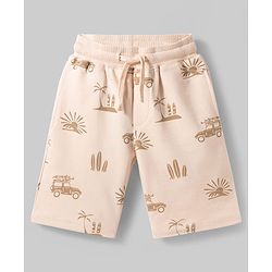 Pine Kids Looper Knit Above Knee Length Short with Beach Theme Print - Off White