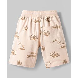 Pine Kids Looper Knit Above Knee Length Short with Beach Theme Print - Off White