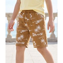 Pine Kids Looper Knit Above Knee Length Shorts with Beach Theme Print - Brown