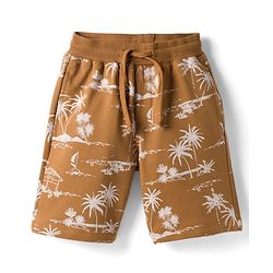 Pine Kids Looper Knit Above Knee Length Shorts with Beach Theme Print - Brown