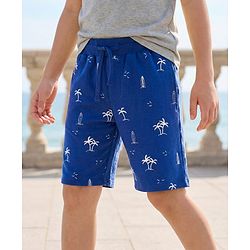 Pine Kids Looper Knit Above Knee Length Shorts with Beach Theme Print - Navy Blue